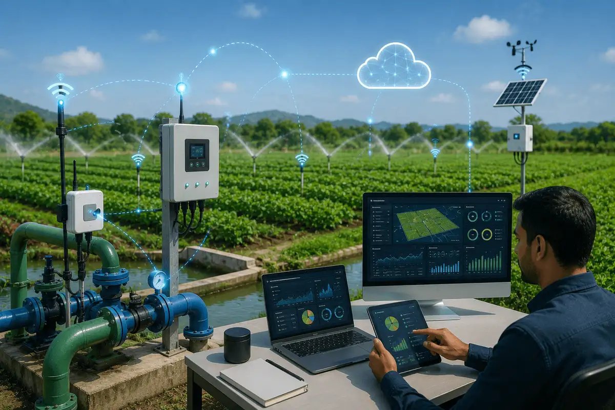 Cloud-connected irrigation control system enabling real-time monitoring, weather-based automation, and remote farm water management.